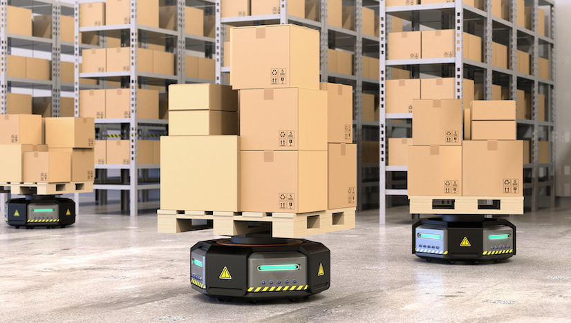 Black robot carriers carrying pallets with goods in modern warehouse.  Modern delivery center concept. 3D rendering image.