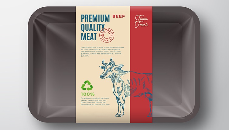 Premium Quality Beef Pack. Abstract Vector Meat Plastic Tray Container with Cellophane Cover. Packaging Design Label. Modern Typography and Hand Drawn Cow Silhouette Background Layout.
